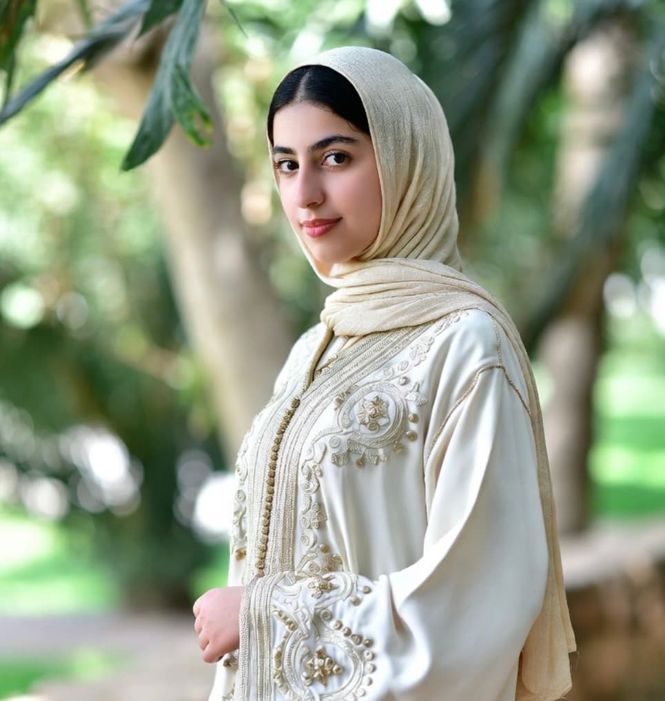 امرأة شابة ترتدي قفطاناً أبيض مطرزاً بالذهب وحجاباً متناسقاً، تقف في حديقة خضراء مشمسة.