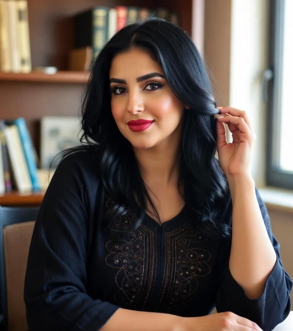 امرأة ذات شعر أسود مموج وشفاه حمراء ترتدي ملابس مطرزة وتجلس أمام رفوف الكتب.