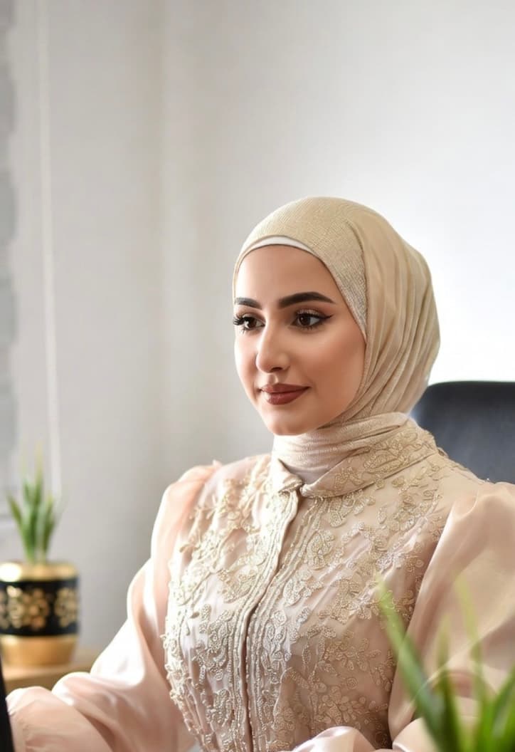 امرأة ترتدي حجاباً بيج وفستاناً مطرزاً أنيقاً، تنظر جانباً بملامح هادئة ومكياج ناعم.