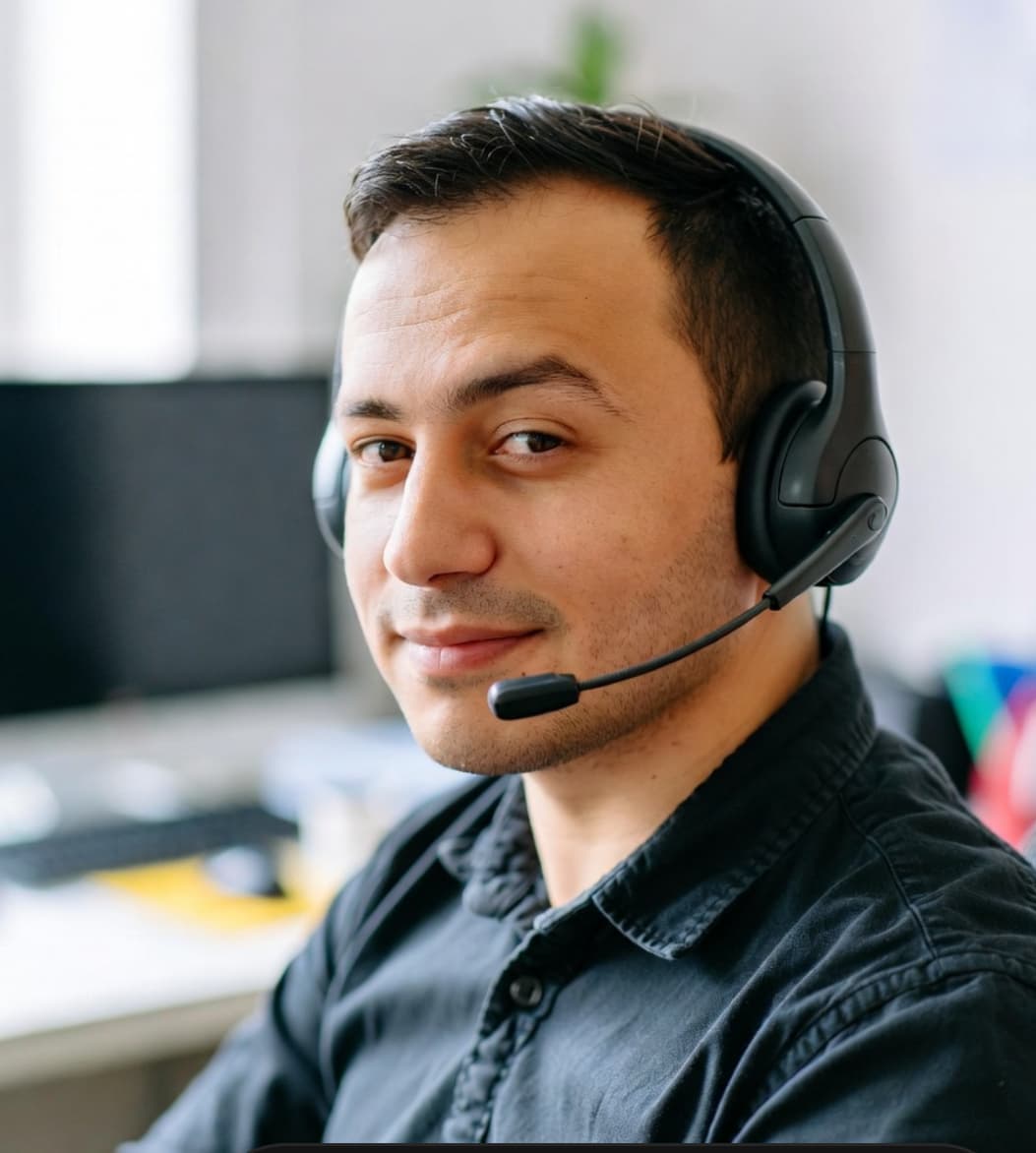 رجل يرتدي سماعة رأس سوداء مع ميكروفون ويبتسم للكاميرا في بيئة مكتبية حديثة.