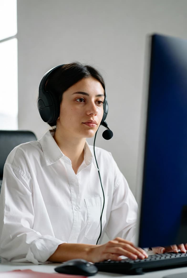 امرأة شابة ترتدي سماعة رأس وقميصاً أبيض تعمل بتركيز على جهاز كمبيوتر في مكتب.