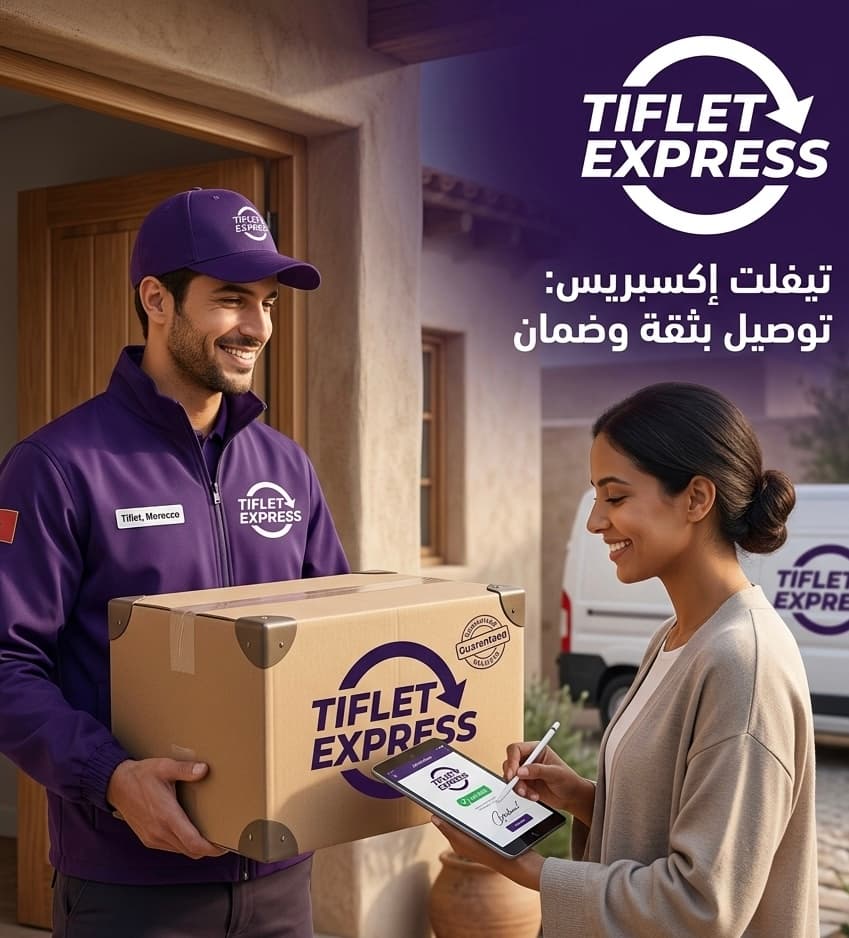 موظف تيفلت إكسبريس يسلم طرداً لامرأة توقع إلكترونياً، مع شعار الشركة ونص ترويجي بالخلفية.