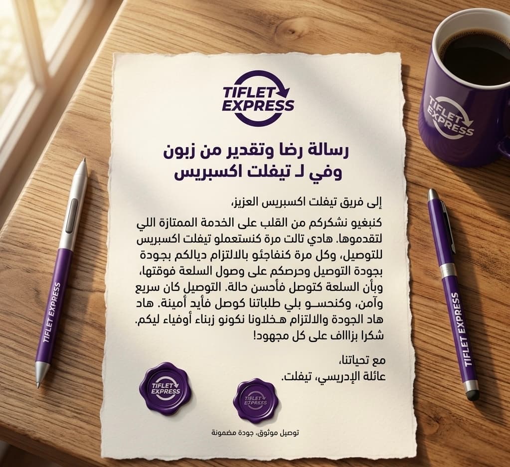 رسالة شكر لشركة تيفلت اكسبريس على مكتب خشبي مع كوب قهوة وأقلام تحمل شعارها.
